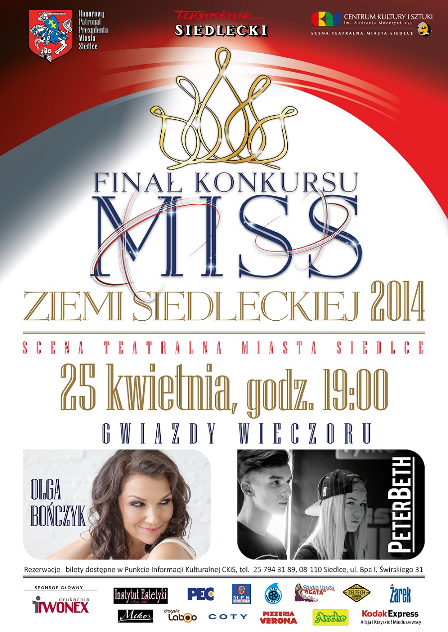 Finał Konkursu Miss Ziemi Siedleckiej 2014 już 25 kwietnia na Scenie Teatralnej Miasta Siedlce. Zarezerwuj bilety telefonicznie!